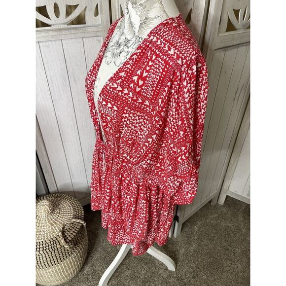 VICTORIA'S SECRET Red White Heart Print Swim Cover Up Kimono Robe One Size - Picture 2 of 7